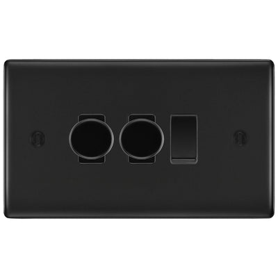 BG Nexus Matt Black 3 Gang Switch 2x Trailing Edge LED Dimmer 1x Intermediate Custom Grid Switch by British General (BG-Nexus-FB-3G-CUSTOM-2x-Dimmer-1x-INT)