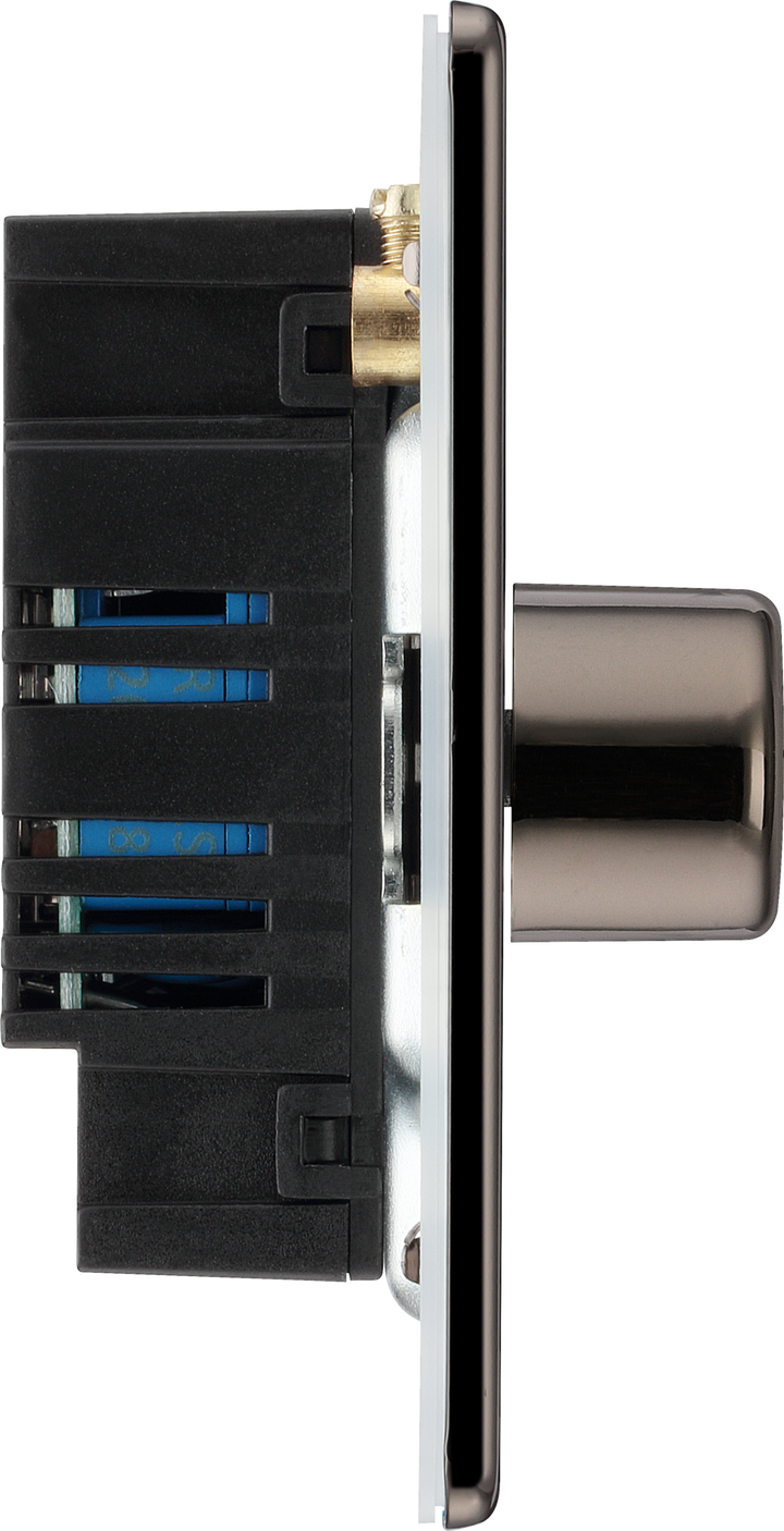 FBN83 Side -This trailing edge triple dimmer switch from British General allows you to control your light levels and set the mood. The intelligent electronic circuit monitors the connected load and provides a soft-start with protection against thermal, current and voltage overload.