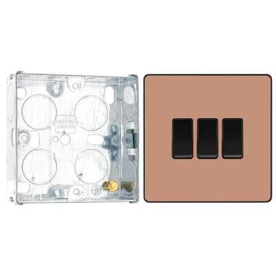 BG Evolve Polished Copper 3 Gang 20A 16AX 2 Way Light Switch PCDCP43B with 25mm Steel Back Box