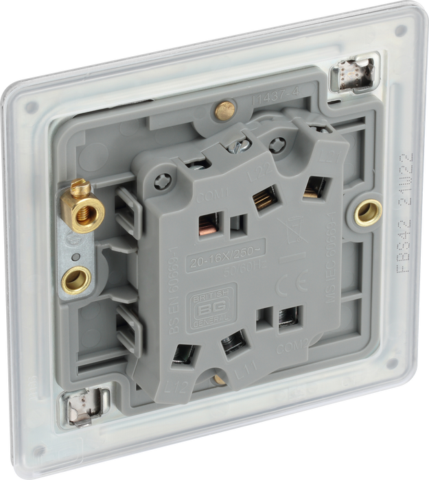 FBS42 Back - This Screwless Flat plate brushed steel finish 20A 16AX double light switch from British General can operate 2 different lights whilst the 2 way switching allows a second switch to be added to the circuit to operate the same light from another location (e.g. at the top and bottom of the stairs).