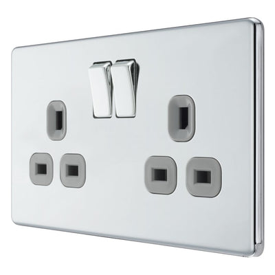 BG Screwless Polished Chrome 13A Double Switched Socket FPC22G with 25mm Steel Back Box