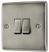 NBI42 Front -  This brushed Iridium finish 20A 16AX double light switch from British General can operate 2 different lights whilst the 2 way switching allows a second switch to be added to the circuit to operate the same light from another location (e.g. at the top and bottom of the stairs).