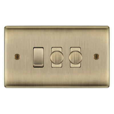 BG Antique Brass 3 Gang Switch 2x Trailing Edge LED Dimmer 1x 2 Way Custom Grid by British General (NEXUS-AB-3G-CUSTOM-2xDIMMER-2Way-Single)