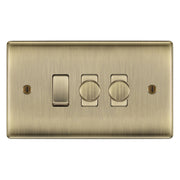 BG Antique Brass 3 Gang Switch 2x Trailing Edge LED Dimmer 1x 2 Way Custom Grid by British General (NEXUS-AB-3G-CUSTOM-2xDIMMER-2Way-Single)