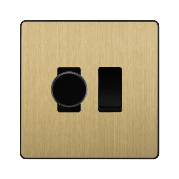 BG Evolve Satin Brass 2 Gang Light Switch 1x Trailing Edge LED Dimmer 1x 2 Way Custom Switch