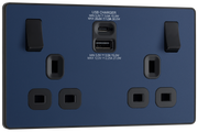 BG PCDDB22UAC30B Matt Blue Evolve 2 Gang 13A 1x USB-QC A 27W 1x USB-PD C 30W Switched Socket - Black Insert by British General (BG-PCDDB22UAC30B-Shopify-SA_1)