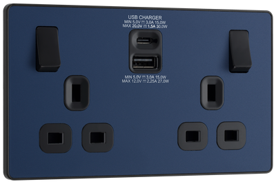 BG PCDDB22UAC30B Matt Blue Evolve 2 Gang 13A 1x USB-QC A 27W 1x USB-PD C 30W Switched Socket - Black Insert by British General (BG-PCDDB22UAC30B-Shopify-SA_1)