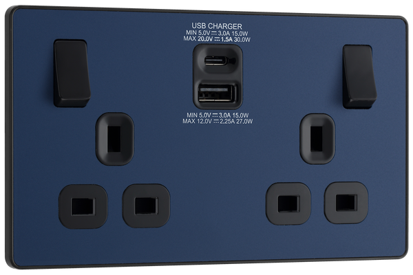 PCDDB22UAC30B Front - This Evolve Matt Blue 13A power socket from British General with integrated fast charge USB-A and USB-C ports delivers a 50% charge to mobile phones in just 30 minutes. These sockets allow you to charge your devices without sacrificing power sockets, and with no need for bulky adaptors.