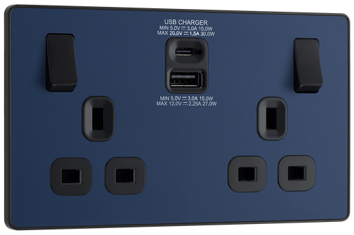 PCDDB22UAC30B Front - This Evolve Matt Blue 13A power socket from British General with integrated fast charge USB-A and USB-C ports delivers a 50% charge to mobile phones in just 30 minutes. These sockets allow you to charge your devices without sacrificing power sockets, and with no need for bulky adaptors.
