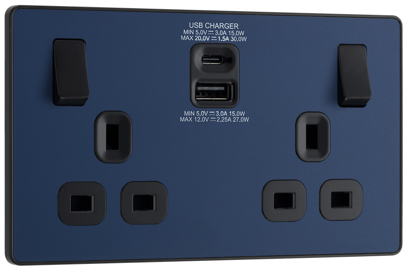 BG PCDDB22UAC30B Matt Blue Evolve 2 Gang 13A 1x USB-QC A 27W 1x USB-PD C 30W Switched Socket - Black Insert