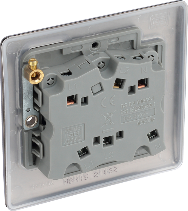 NBN15 Back - This black nickel finish 10A triple pole fan isolator switch from British General provides a safe and simple method of isolating mechanical fan units.