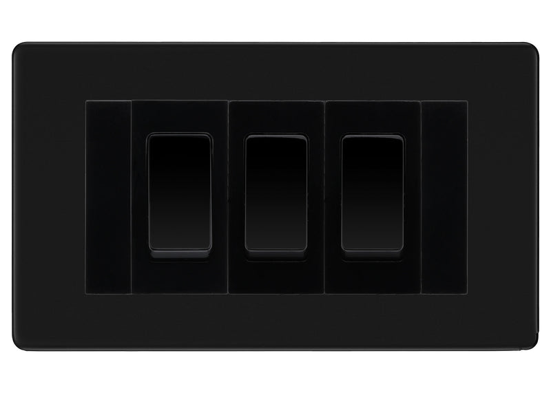 BG Matt Black Screwless 3 Gang 20AX 2-Way Switch Custom Grid - Black Insert