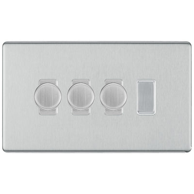 BG Brushed Steel Screwless Flat Plate 4 Gang Light Switch 3x Trailing Edge LED Dimmer 1x 2 Way Custom Switch by British General (SCREWLESS-BS-4G-CUSTOM-3x-DIMMER-1x-2Way)