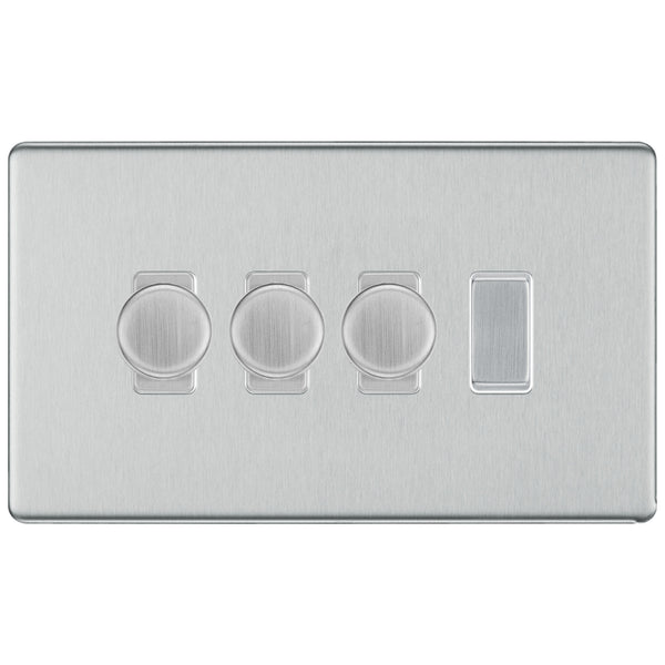 BG Brushed Steel Screwless Flat Plate 4 Gang Light Switch 3x Trailing Edge LED Dimmer 1x 2 Way Custom Switch