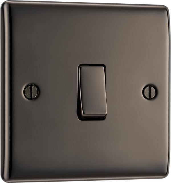 NBN13 Front - This black nickel finish 20A 16AX intermediate light switch from British General should be used as the middle switch when you need to operate one light from 3 different locations such as either end of a hallway and at the top of the stairs.