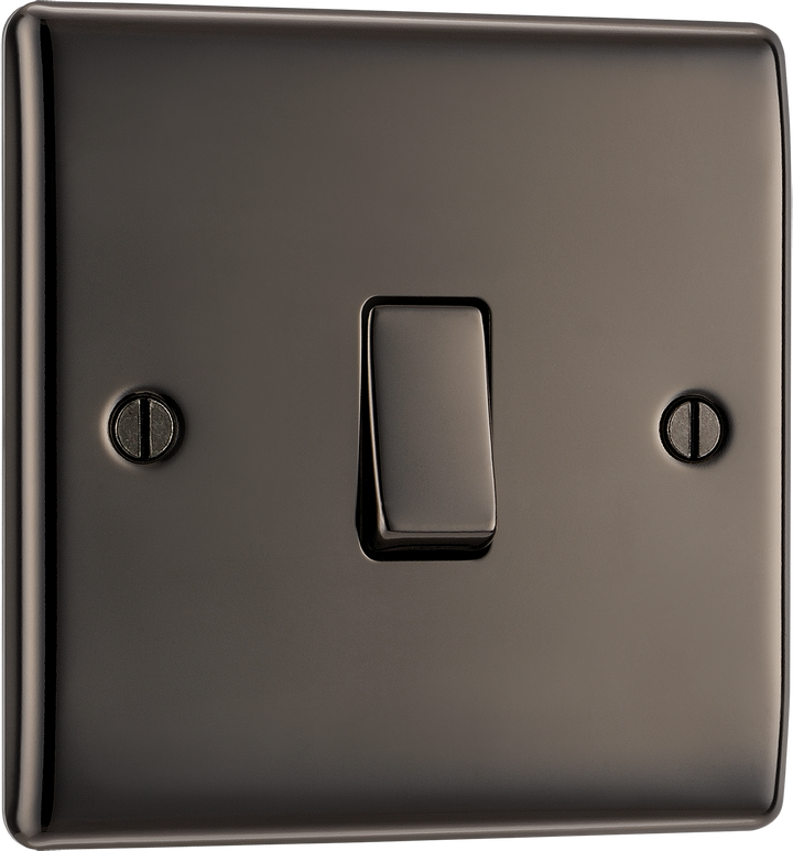 NBN13 Front - This black nickel finish 20A 16AX intermediate light switch from British General should be used as the middle switch when you need to operate one light from 3 different locations such as either end of a hallway and at the top of the stairs.