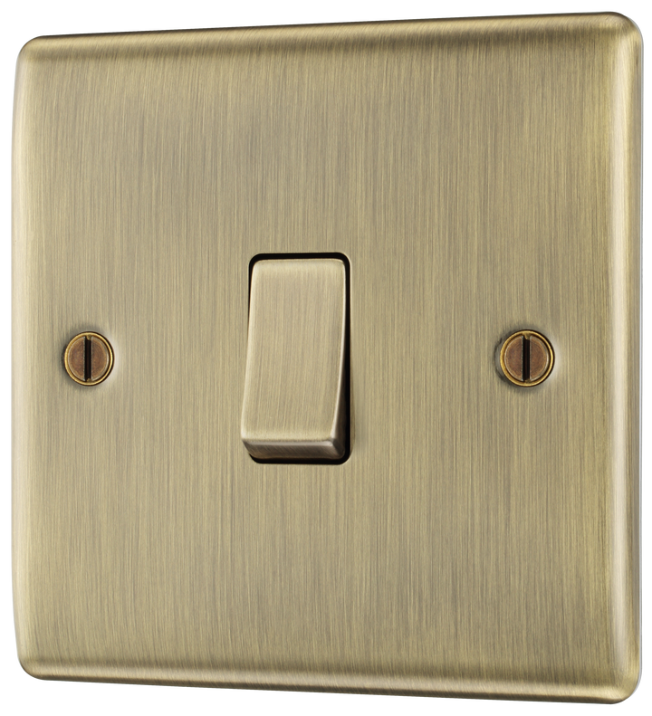 NAB13 Front - This antique brass finish 20A 16AX intermediate light switch from British General should be used as the middle switch when you need to operate one light from 3 different locations such as either end of a hallway and at the top of the stairs.