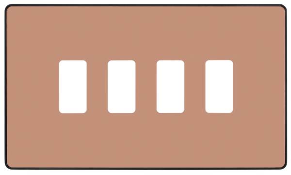 RPCDCP4B Front - The Grid modular range from British General allows you to build your own module configuration with a variety of combinations and finishes. This polished copper finish Evolve front plate clips on for a seamless finish, and can accommodate 4 Grid modules - ideal for switches and other domestic applications.