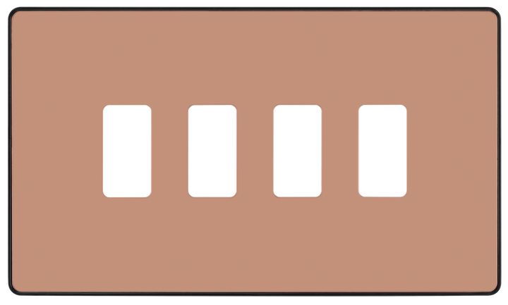 RPCDCP4B Front - The Grid modular range from British General allows you to build your own module configuration with a variety of combinations and finishes. This polished copper finish Evolve front plate clips on for a seamless finish, and can accommodate 4 Grid modules - ideal for switches and other domestic applications.