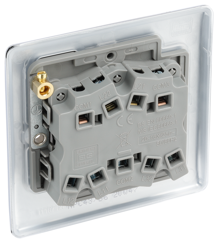 NPC43 Back - This polished chrome finishA 16AX triplel light switch from British General can  switch to be added to the irccuit to operate the samoperate 3 different ights whilst the 2 way switching allows a seconde light from another 20 location (e.g. at the top and bottom of the stairs).