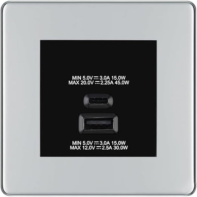 BG Polished Chrome 45W USB Wall Socket Euro Module USB-A & C - Black Insert by British General (BG-FPCEMS2+EMUSBAC45B)