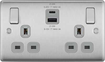 BG NBS22UAC22G Brushed Steel Double Socket with USB 22W Type A & Type C USB by British General (BG-NBS22UAC22G-1)
