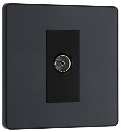 PCDMG60B Front - This Evolve Matt Grey single coaxial socket from British General can be used for TV or FM aerial connections. This socket has a low profile screwless flat plate that clips on and off, making it ideal for modern interiors.