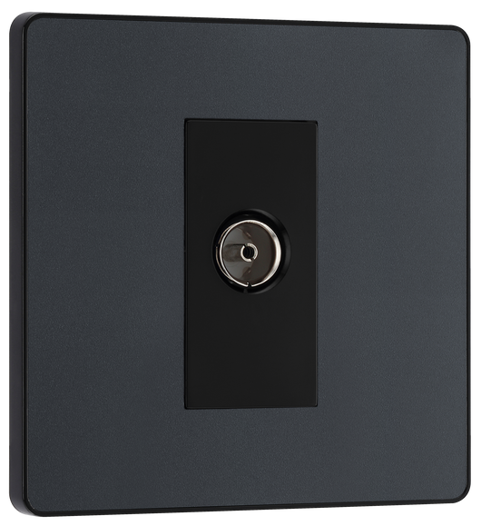 PCDMG60B Front - This Evolve Matt Grey single coaxial socket from British General can be used for TV or FM aerial connections. This socket has a low profile screwless flat plate that clips on and off, making it ideal for modern interiors.