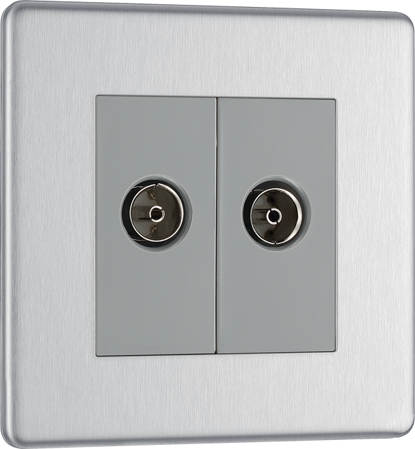 FBS63 Front - This isolated coaxial socket from British General has 2 connection points for TV or FM coaxial aerial connections. An isolated aerial connection is ideal for use where a communal dish or aerial is used such as in a block of flats.