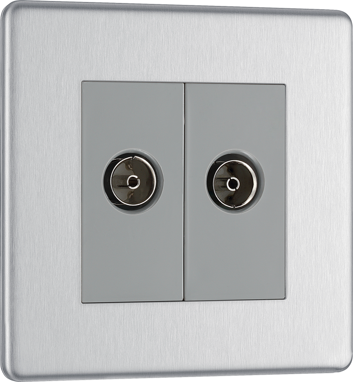 FBS63 Front - This isolated coaxial socket from British General has 2 connection points for TV or FM coaxial aerial connections. An isolated aerial connection is ideal for use where a communal dish or aerial is used such as in a block of flats.