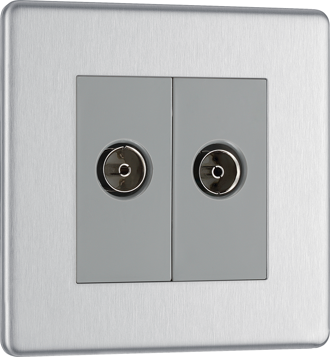 FBS63 Front - This isolated coaxial socket from British General has 2 connection points for TV or FM coaxial aerial connections. An isolated aerial connection is ideal for use where a communal dish or aerial is used such as in a block of flats.