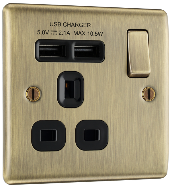 NAB21U2B Front - This 13A single power socket from British General comes with two USB charging ports allowing you to plug in an electrical device and charge mobile devices simultaneously without having to sacrifice a power socket.