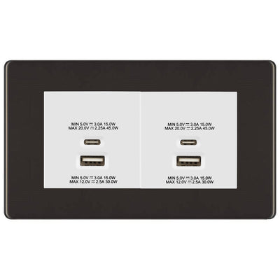 BG Screwless Black Nickel 4G Faceplate with 45W USB A+C Charger Modules - White Insert by British General (BG-FBNEMR4+EMUSBAC45W)