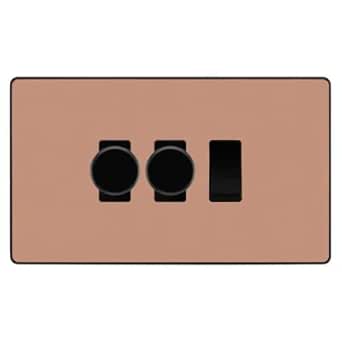 BG Evolve Polished Copper 3 Gang Switch 2x Trailing Edge LED Dimmer 1x Intermediate Custom Grid Switch by British General (BG-Evolve-CP-3G-CUSTOM-2x-Dimmer-1x-INT)