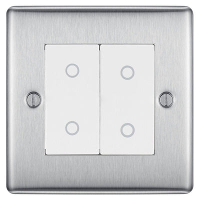 BG Nexus Brushed Steel Double Master Touch Dimmer Switch White Inserts NBSTDM2W by British General (BG-EMTDMW+NBSEMS2)