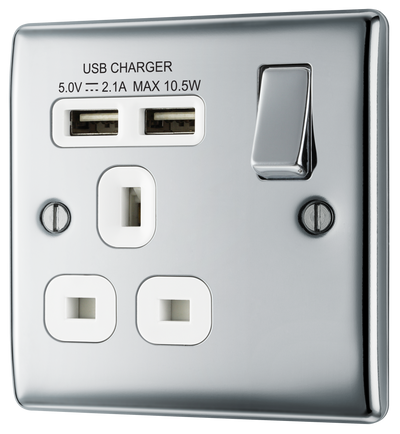 NPC21U2W Front - This 13A single power socket from British General comes with two USB charging ports allowing you to plug in an electrical device and charge mobile devices simultaneously without having to sacrifice a power socket.