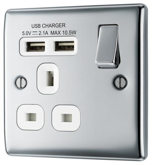 NPC21U2W Front - This 13A single power socket from British General comes with two USB charging ports allowing you to plug in an electrical device and charge mobile devices simultaneously without having to sacrifice a power socket.