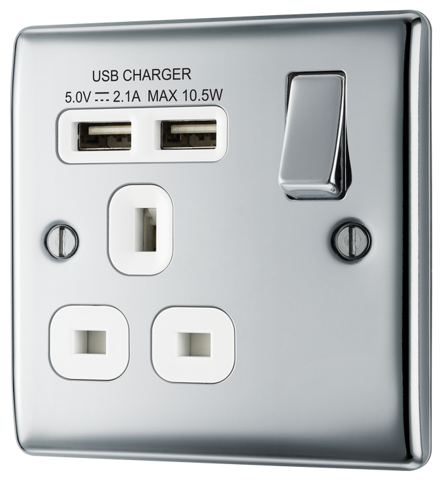 NPC21U2W Front - This 13A single power socket from British General comes with two USB charging ports allowing you to plug in an electrical device and charge mobile devices simultaneously without having to sacrifice a power socket.