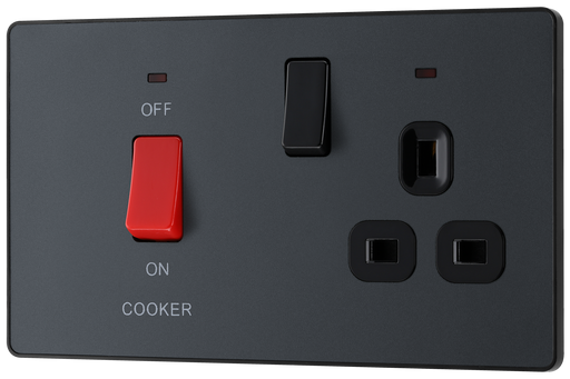 PCDMG70B Front - This Evolve Matt Grey 45A cooker control unit from British General includes a 13A socket for an additional appliance outlet, and has flush LED indicators above the socket and switch. 