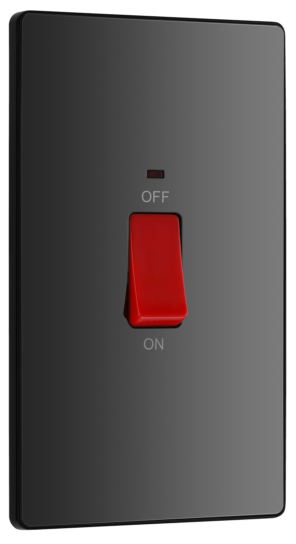 PCDBC72B Front - This Evolve Black Chrome 45A double pole switch with indicator from British General is ideal for use with cookers and has a large mounting plate measuring 146mm high x 86mm wide.