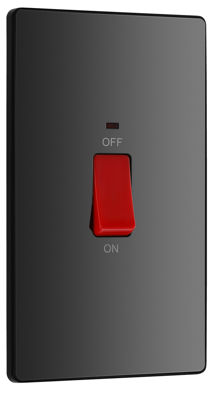 PCDBC72B Front - This Evolve Black Chrome 45A double pole switch with indicator from British General is ideal for use with cookers and has a large mounting plate measuring 146mm high x 86mm wide.