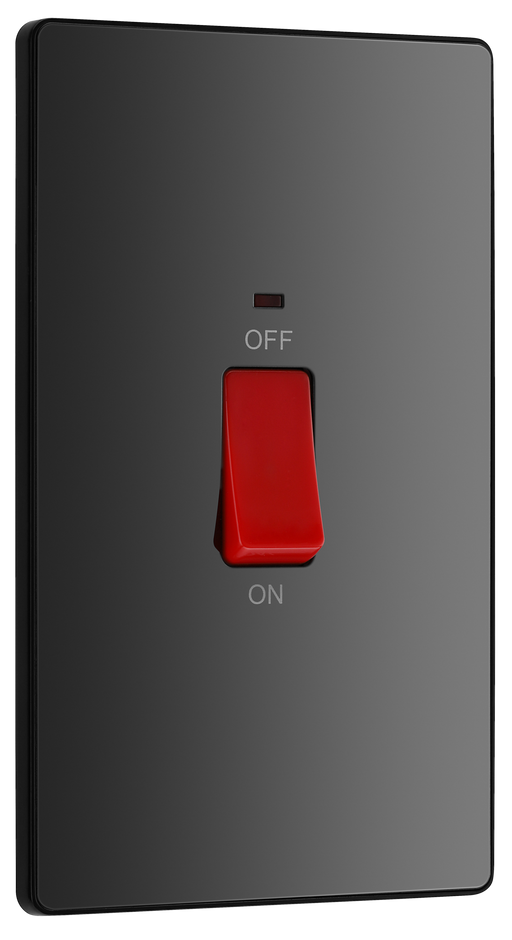 PCDBC72B Front - This Evolve Black Chrome 45A double pole switch with indicator from British General is ideal for use with cookers and has a large mounting plate measuring 146mm high x 86mm wide.