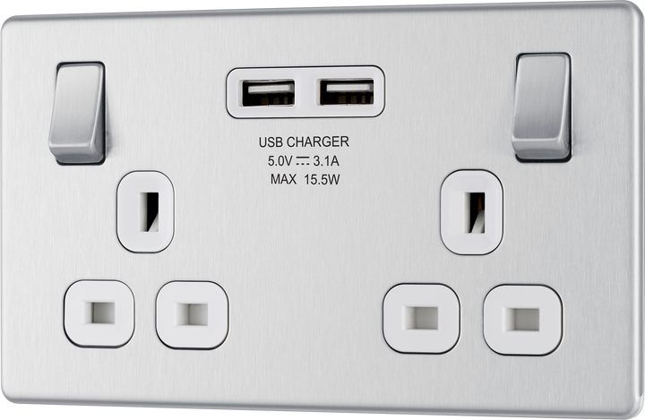 FBS22U3W Front - This completely screwless and slimline flat plate 13A double power socket from British General comes with two USB charging ports allowing you to plug in an electrical device and charge mobile devices simultaneously without having to sacrifice a power socket.