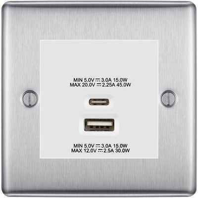 BG Nexus Brushed Steel 45W USB Wall Socket Euro Module USB-A & C - White Insert by British General (BG-NBSEMS2+EMUSBAC45W)