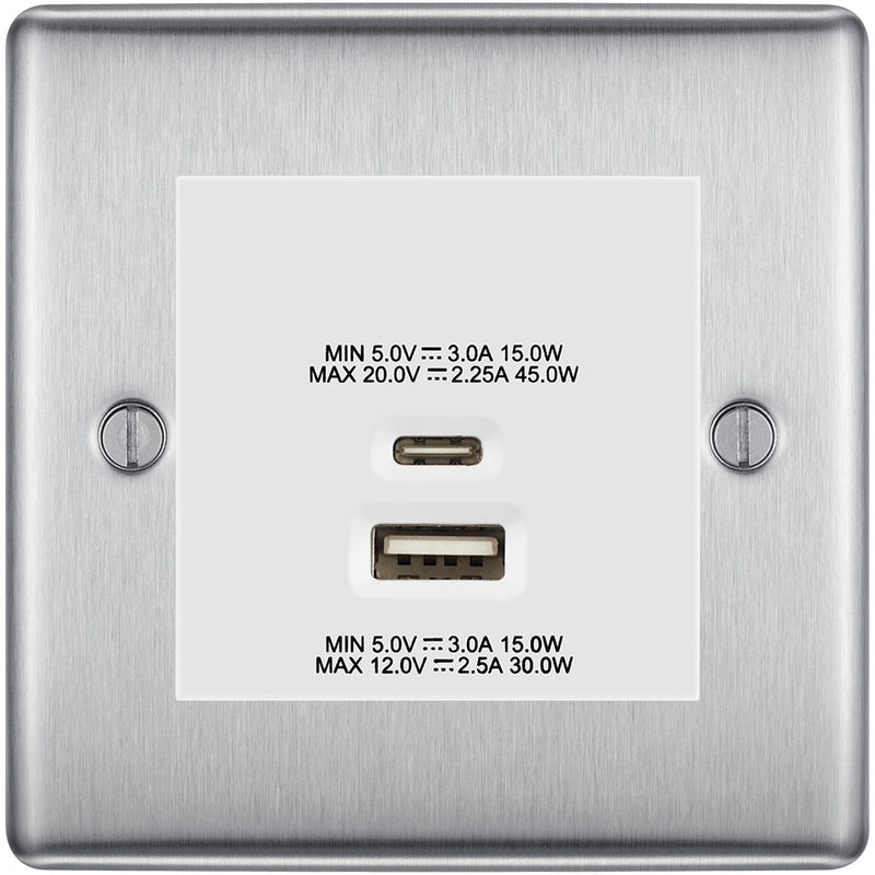 BG Nexus Brushed Steel 45W USB Wall Socket Euro Module USB-A & C - White Insert