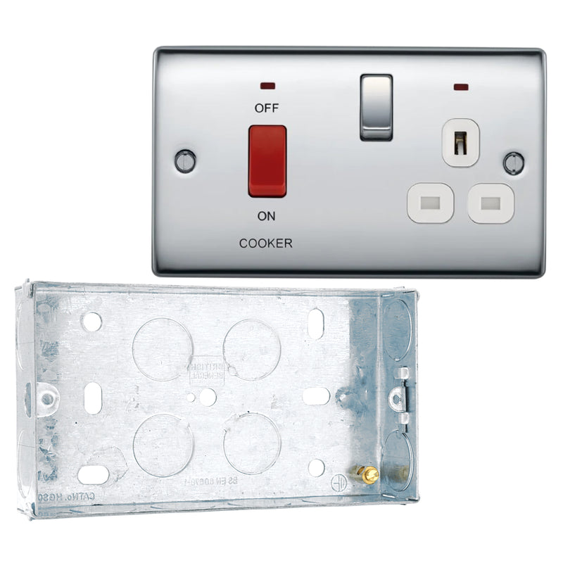 BG Nexus Polished Chrome DP Cooker Unit + Socket & Neon NPC70W with 25mm Steel Back Box