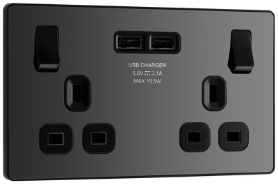 PCDBC22U3B Front -  This Evolve Black Chrome 13A double power socket from British General comes with two USB charging ports, allowing you to plug in an electrical device and charge mobile devices simultaneously without having to sacrifice a power socket.