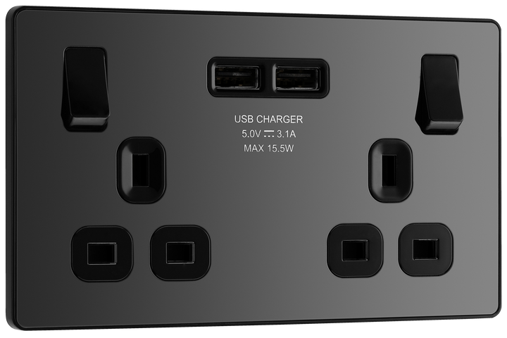 PCDBC22U3B Front -  This Evolve Black Chrome 13A double power socket from British General comes with two USB charging ports, allowing you to plug in an electrical device and charge mobile devices simultaneously without having to sacrifice a power socket.