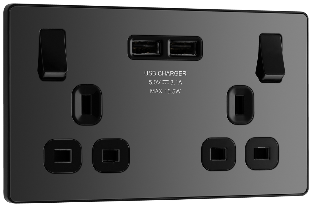 PCDBC22U3B Front -  This Evolve Black Chrome 13A double power socket from British General comes with two USB charging ports, allowing you to plug in an electrical device and charge mobile devices simultaneously without having to sacrifice a power socket.
