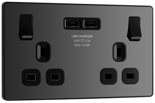 PCDBC22U3B Front -  This Evolve Black Chrome 13A double power socket from British General comes with two USB charging ports, allowing you to plug in an electrical device and charge mobile devices simultaneously without having to sacrifice a power socket.